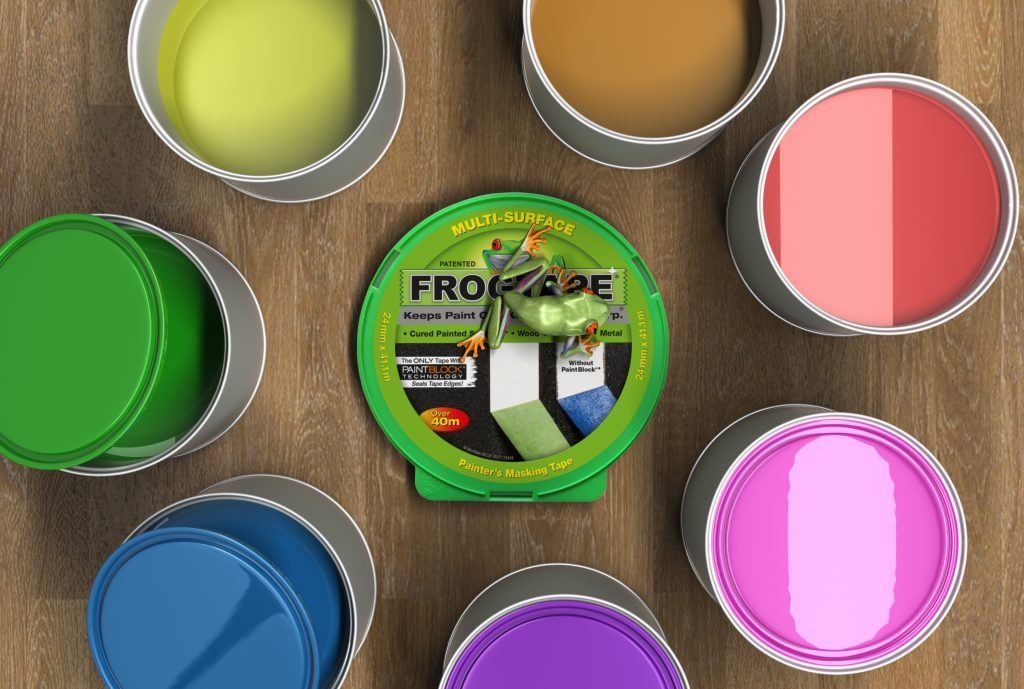 Frog tape with buckets of coloured paint surrounding it